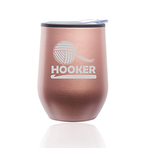 Stemless Wine Tumbler Coffee Travel Mug Glass With Lid Funny Crochet Hooker (Rose Gold)