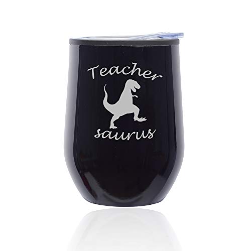 Stemless Wine Tumbler Coffee Travel Mug Glass With Lid Teacher Saurus Funny T-Rex (Midnight Black)