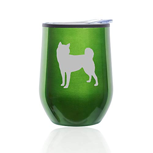 Stemless Wine Tumbler Coffee Travel Mug Glass With Lid Shiba Inu (Green)
