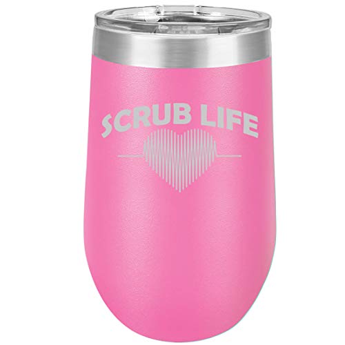 16 oz Double Wall Vacuum Insulated Stainless Steel Stemless Wine Tumbler Glass Coffee Travel Mug With Lid Scrub Life Nurse (Hot Pink)