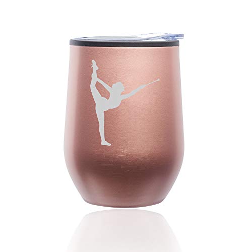Stemless Wine Tumbler Coffee Travel Mug Glass With Lid Female Gymnast Twirling Baton Gymnastics (Rose Gold)