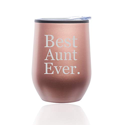 Stemless Wine Tumbler Coffee Travel Mug Glass With Lid Best Aunt Ever (Rose Gold)
