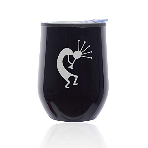 Stemless Wine Tumbler Coffee Travel Mug Glass With Lid Kokopelli (Midnight Black)