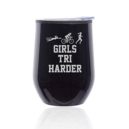 Stemless Wine Tumbler Coffee Travel Mug Glass With Lid Triathlon Girls Tri Harder Swim Bike Run (Midnight Black)