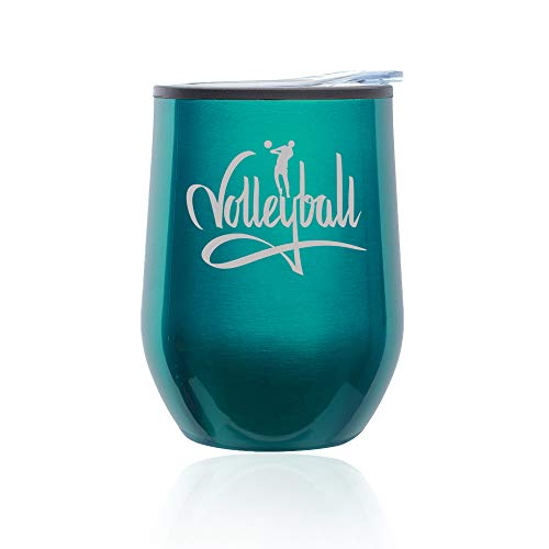 Stemless Wine Tumbler Coffee Travel Mug Glass With Lid Volleyball Calligraphy (Turquoise Teal)