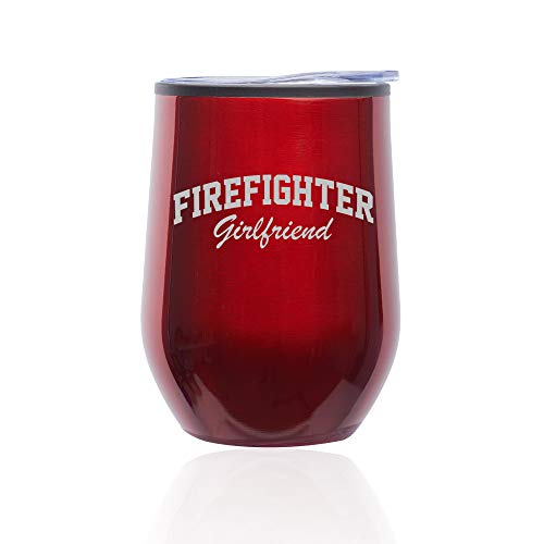Stemless Wine Tumbler Coffee Travel Mug Glass With Lid Firefighter Girlfriend (Red)
