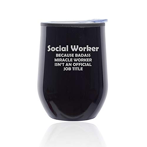 Stemless Wine Tumbler Coffee Travel Mug Glass With Lid Social Worker Miracle Worker Job Title Funny (Midnight Black)