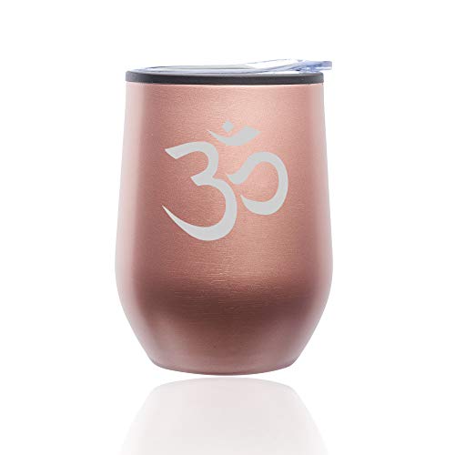 Stemless Wine Tumbler Coffee Travel Mug Glass With Lid Yoga Symbol (Rose Gold)