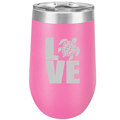 16 oz Double Wall Vacuum Insulated Stainless Steel Stemless Wine Tumbler Glass Coffee Travel Mug With Lid LOVE Sea Turtle (Hot Pink)
