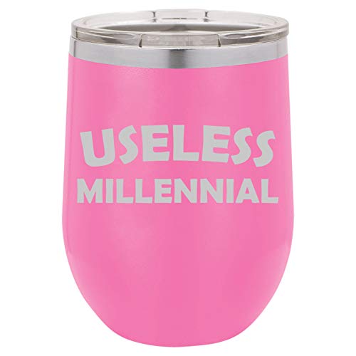 12 oz Double Wall Vacuum Insulated Stainless Steel Stemless Wine Tumbler Glass Coffee Travel Mug With Lid Useless Millennial Funny (Hot-Pink)