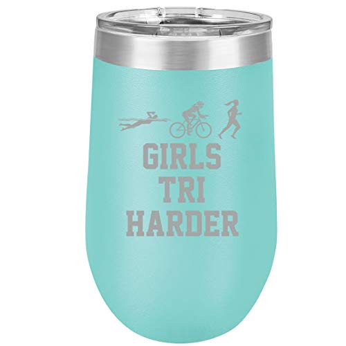 16 oz Double Wall Vacuum Insulated Stainless Steel Stemless Wine Tumbler Glass Coffee Travel Mug With Lid Triathlon Girls Tri Harder Swim Bike Run (Teal)