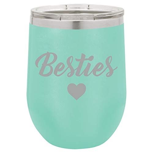 12 oz Double Wall Vacuum Insulated Stainless Steel Stemless Wine Tumbler Glass Coffee Travel Mug With Lid Besties Best Friend (Teal)