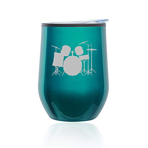 Stemless Wine Tumbler Coffee Travel Mug Glass With Lid Drum Set (Turquoise Teal)