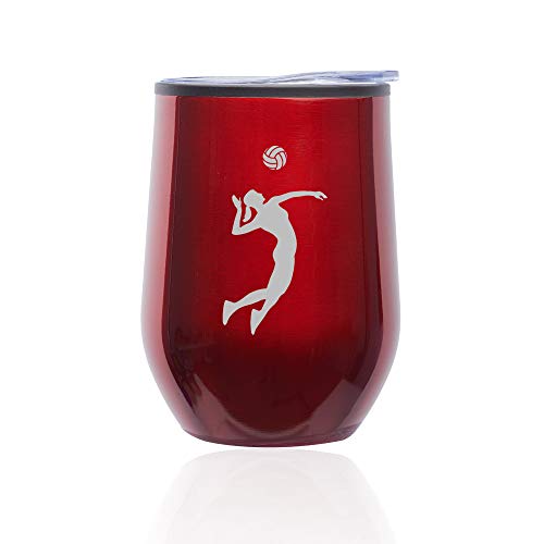 Stemless Wine Tumbler Coffee Travel Mug Glass With Lid Female Volleyball Player (Red)