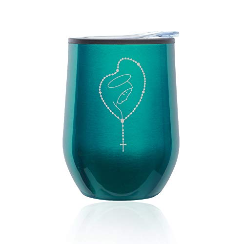 Stemless Wine Tumbler Coffee Travel Mug Glass With Lid Rosary Mary (Turquoise Teal)