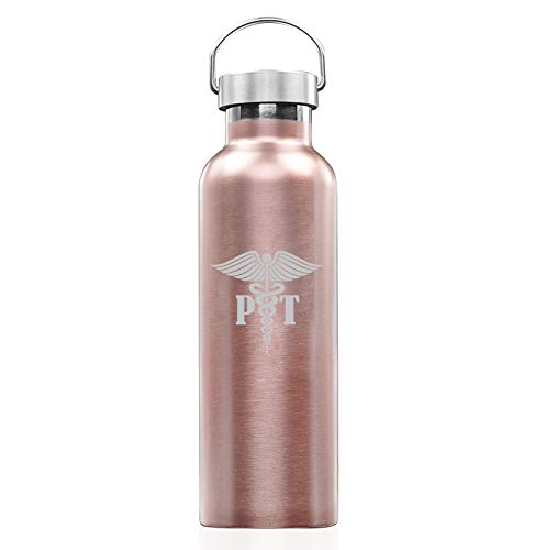 Rose Gold Double Wall Vacuum Insulated Stainless Steel Tumbler Travel Mug PT Physcial Therapy Med Symbol (25 oz Water Bottle)