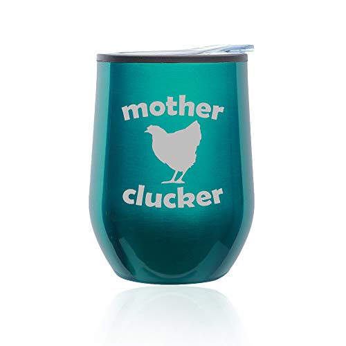 Stemless Wine Tumbler Coffee Travel Mug Glass With Lid Mother Clucker Hen Chicken Funny (Turquoise Teal)