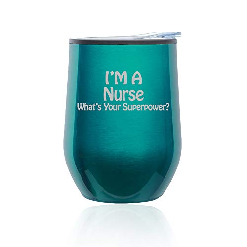 Stemless Wine Tumbler Coffee Travel Mug Glass With Lid Nurse Super Power (Turquoise Teal)