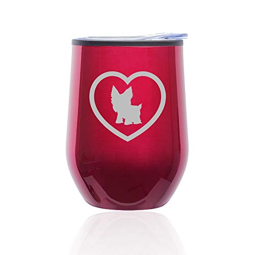 Stemless Wine Tumbler Coffee Travel Mug Glass With Lid Yorkie Heart (Fuchsia)