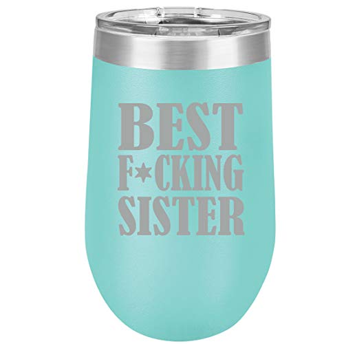 16 oz Double Wall Vacuum Insulated Stainless Steel Stemless Wine Tumbler Glass Coffee Travel Mug With Lid Best F ing Sister (Teal)