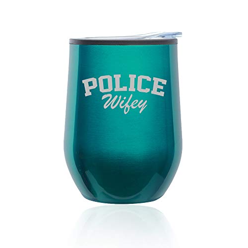Stemless Wine Tumbler Coffee Travel Mug Glass With Lid Police Wifey (Turquoise Teal)