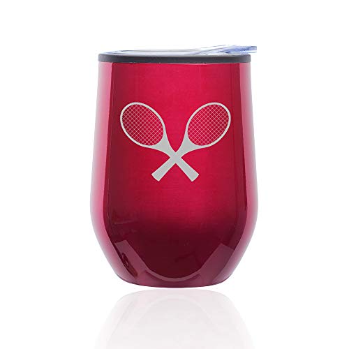 Stemless Wine Tumbler Coffee Travel Mug Glass With Lid Tennis Racquets (Fuchsia)