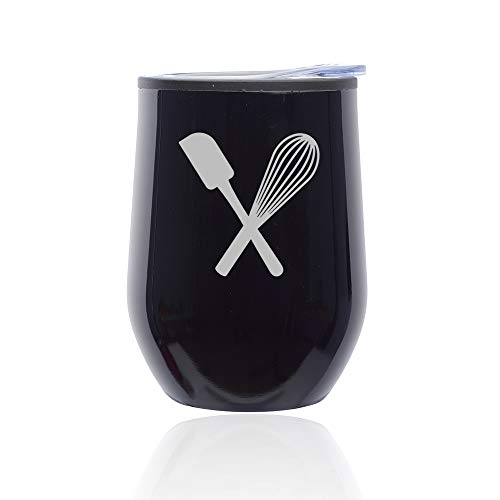 Stemless Wine Tumbler Coffee Travel Mug Glass With Lid Spatula & Whisk Baking (Midnight Black)