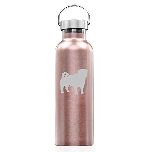 Rose Gold Double Wall Vacuum Insulated Stainless Steel Tumbler Travel Mug Pug (25 oz Water Bottle)