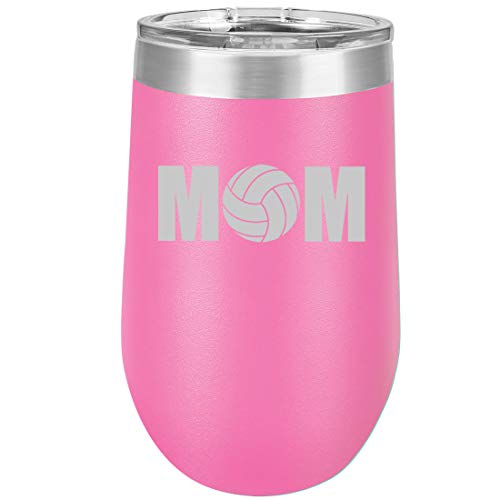 16 oz Double Wall Vacuum Insulated Stainless Steel Stemless Wine Tumbler Glass Coffee Travel Mug With Lid MOM Volleyball (Hot Pink)
