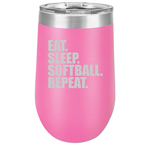 16 oz Double Wall Vacuum Insulated Stainless Steel Stemless Wine Tumbler Glass Coffee Travel Mug With Lid Eat Sleep Softball Repeat (Hot Pink)