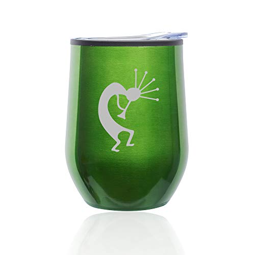 Stemless Wine Tumbler Coffee Travel Mug Glass With Lid Kokopelli (Green)