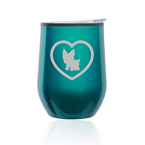 Stemless Wine Tumbler Coffee Travel Mug Glass With Lid Yorkie Heart (Turquoise Teal)