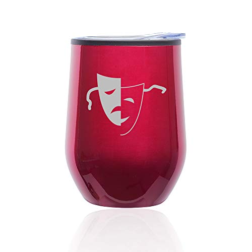 Stemless Wine Tumbler Coffee Travel Mug Glass With Lid Drama Mask (Fuchsia)