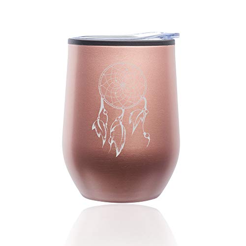 Stemless Wine Tumbler Coffee Travel Mug Glass With Lid Dreamcatcher With Feathers (Rose Gold)