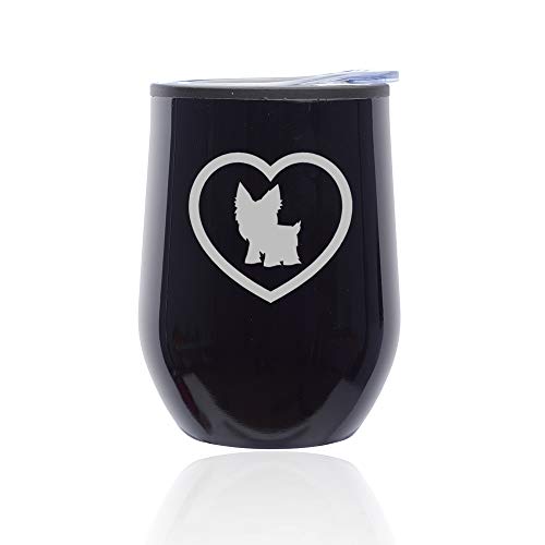 Stemless Wine Tumbler Coffee Travel Mug Glass With Lid Yorkie Heart (Midnight Black)