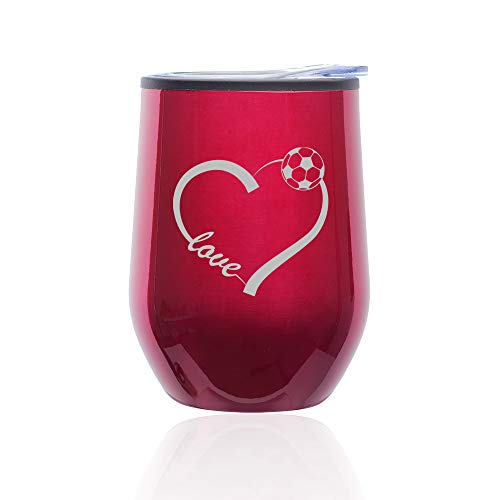 Stemless Wine Tumbler Coffee Travel Mug Glass With Lid Love Heart Soccer (Fuchsia)