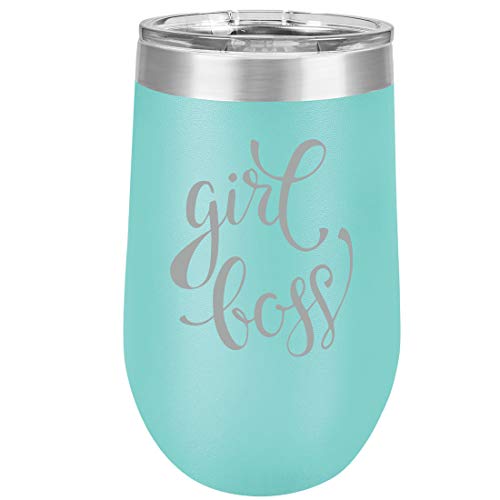 16 oz Double Wall Vacuum Insulated Stainless Steel Stemless Wine Tumbler Glass Coffee Travel Mug With Lid Girl Boss (Teal)