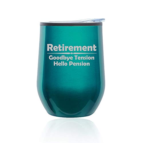 Stemless Wine Tumbler Coffee Travel Mug Glass With Lid Retirement Pension (Turquoise Teal)