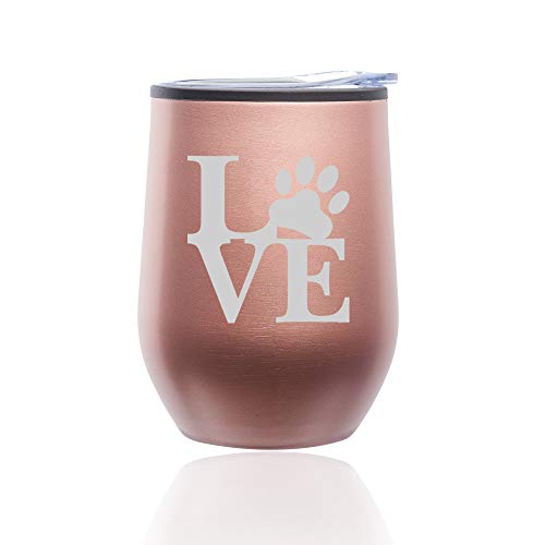 Stemless Wine Tumbler Coffee Travel Mug Glass With Lid Love Paw Print (Rose Gold)