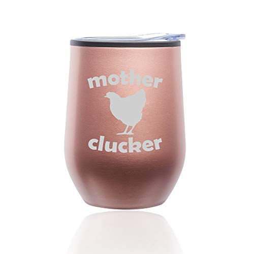 Stemless Wine Tumbler Coffee Travel Mug Glass With Lid Mother Clucker Hen Chicken Funny (Rose Gold)