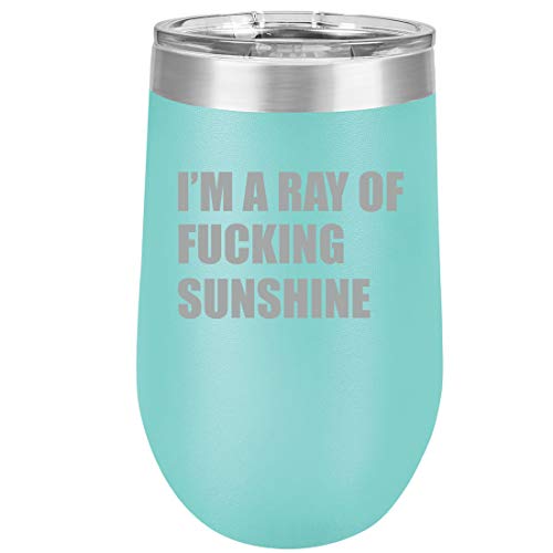 16 oz Double Wall Vacuum Insulated Stainless Steel Stemless Wine Tumbler Glass Coffee Travel Mug With Lid I'm A Ray Of Fcking Sunshine Funny (Teal)