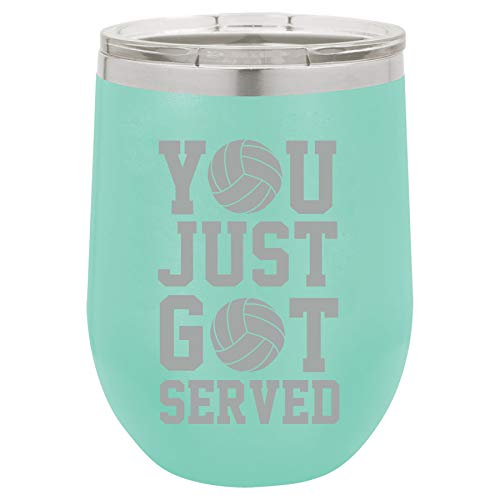 12 oz Double Wall Vacuum Insulated Stainless Steel Stemless Wine Tumbler Glass Coffee Travel Mug With Lid You Just Got Served Volleyball (Teal)