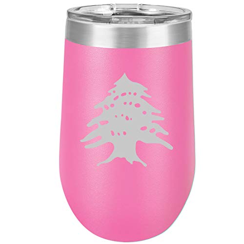 16 oz Double Wall Vacuum Insulated Stainless Steel Stemless Wine Tumbler Glass Coffee Travel Mug With Lid Cedar Tree Lebanon Lebanese (Hot Pink)