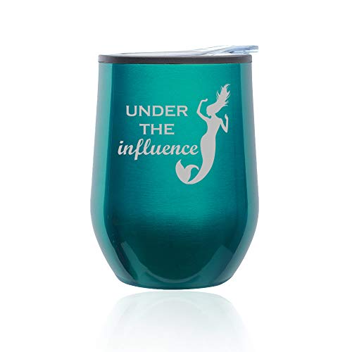 Stemless Wine Tumbler Coffee Travel Mug Glass With Lid Under The Influence Mermaid Funny (Turquoise Teal)