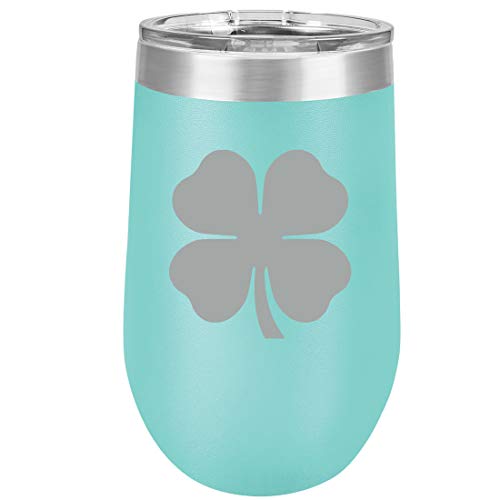16 oz Double Wall Vacuum Insulated Stainless Steel Stemless Wine Tumbler Glass Coffee Travel Mug With Lid 4 Leaf Clover Shamrock (Teal)