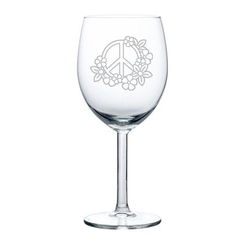 Wine Glass Goblet Peace Sign with Flowers (10 oz)