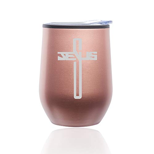 Stemless Wine Tumbler Coffee Travel Mug Glass With Lid Jesus Cross (Rose Gold)