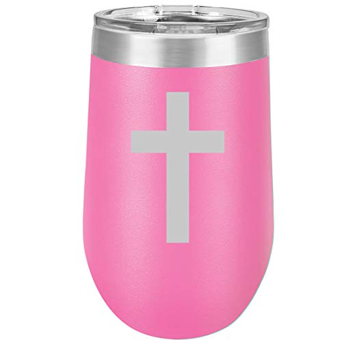 16 oz Double Wall Vacuum Insulated Stainless Steel Stemless Wine Tumbler Glass Coffee Travel Mug With Lid Cross Christian (Hot Pink)