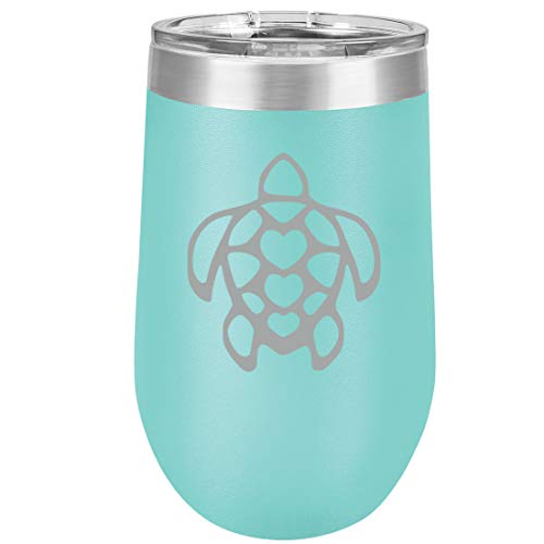 16 oz Double Wall Vacuum Insulated Stainless Steel Stemless Wine Tumbler Glass Coffee Travel Mug With Lid Turtle Hearts (Teal)