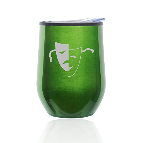 Stemless Wine Tumbler Coffee Travel Mug Glass With Lid Drama Mask (Green)